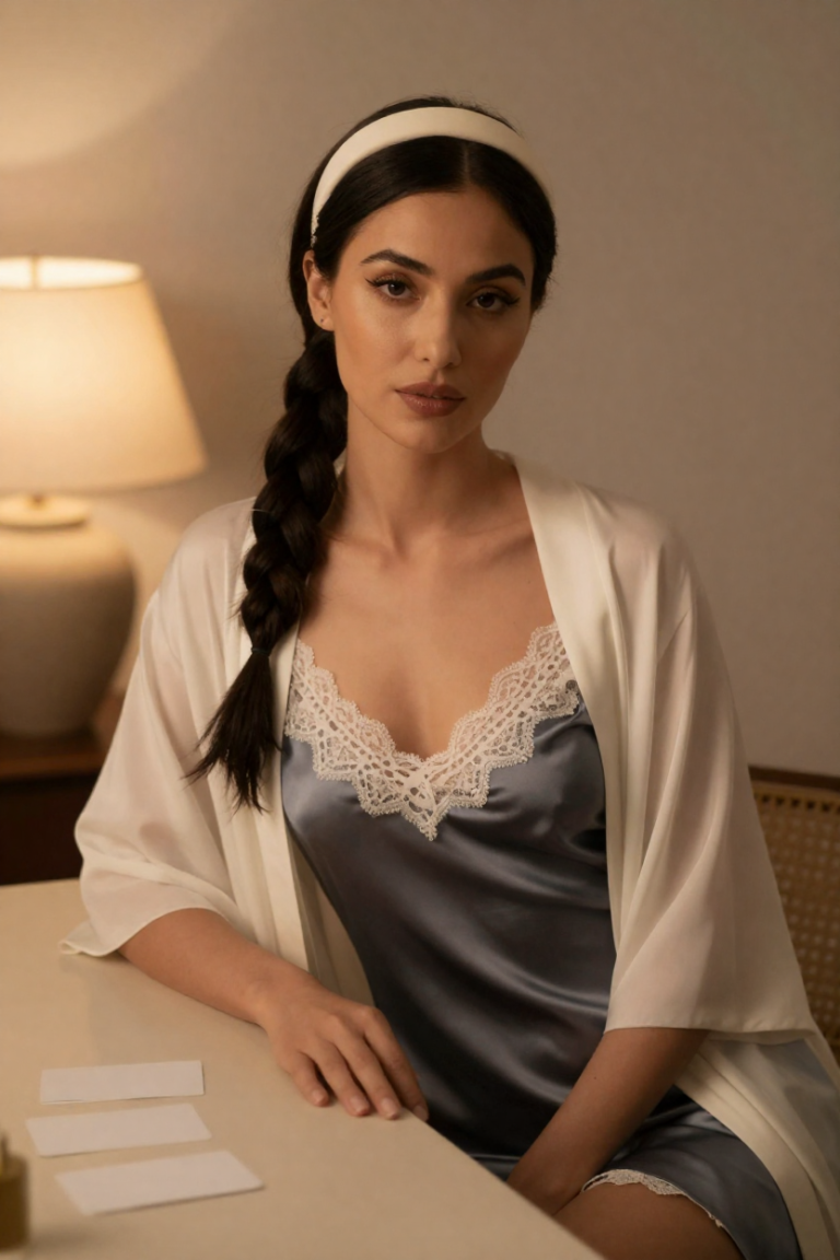 ChuhaiAll muse in a silk slip dress seated at the omni desk with blank cards